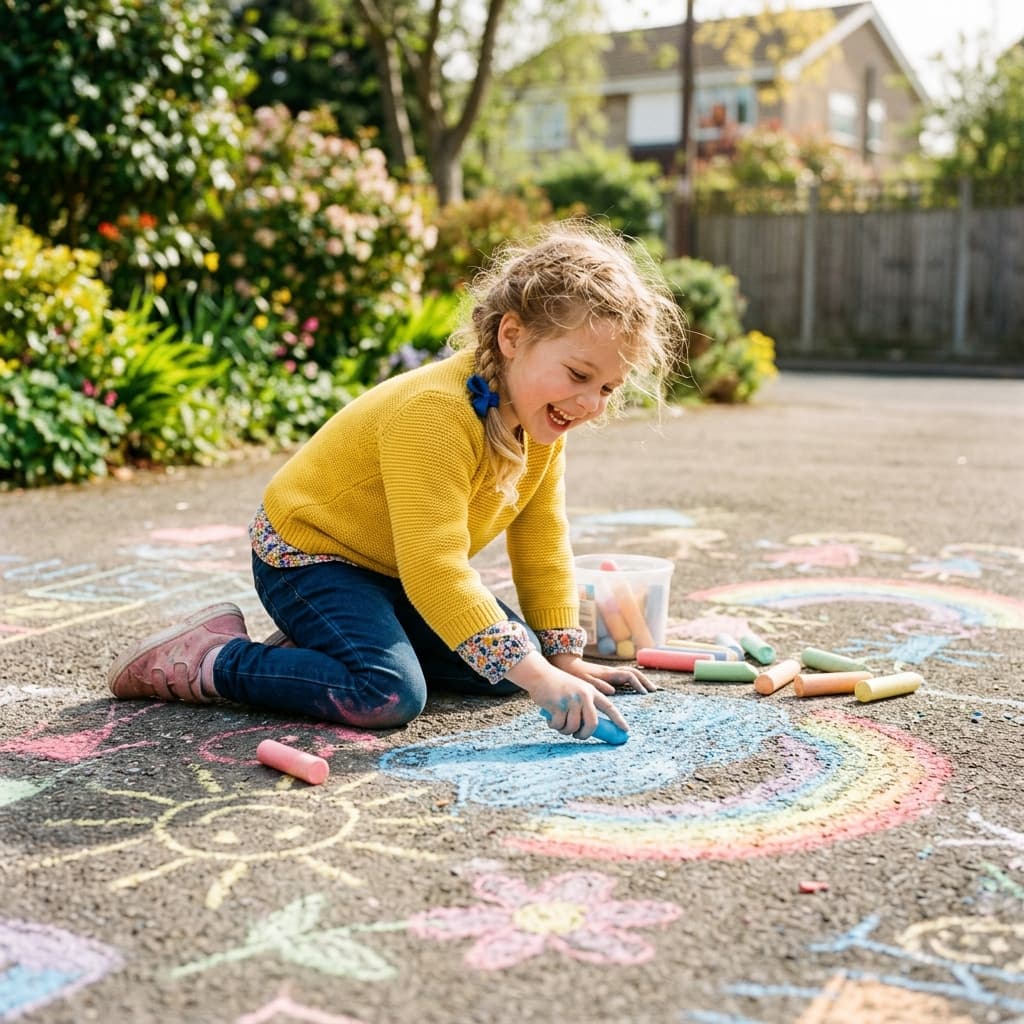 Girl drawing with chalk on sidewalk