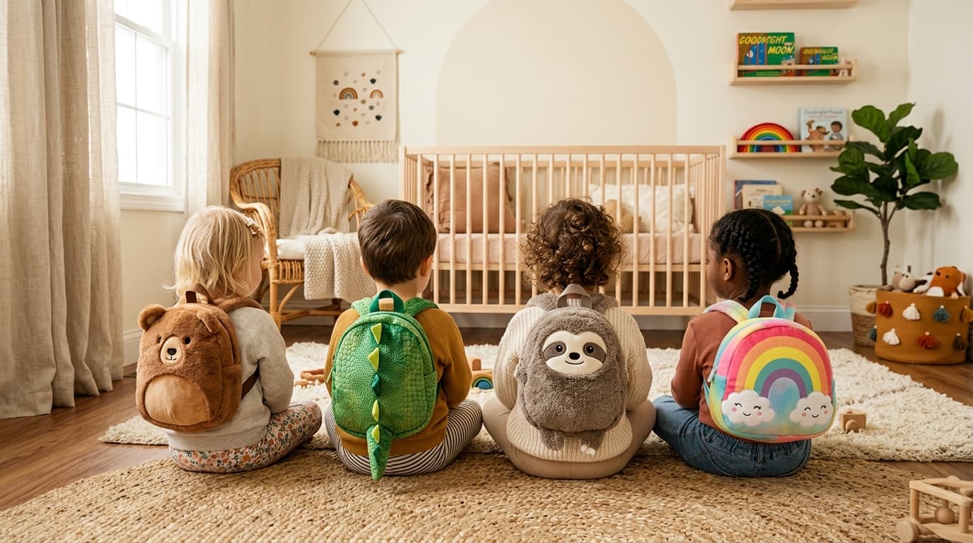 Toddlers in a row wearing animal character backpacks